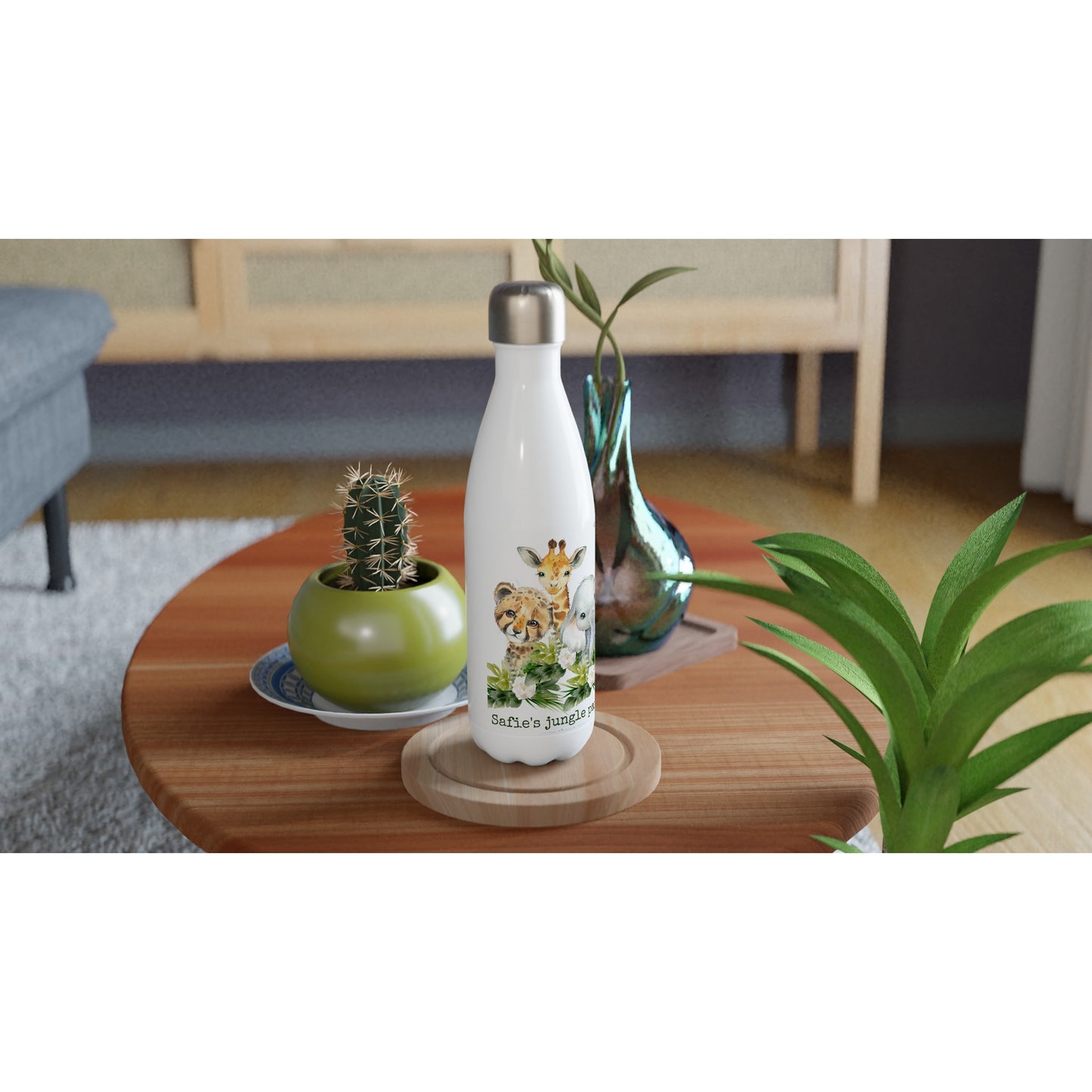 White 17oz Stainless Steel Water Bottle "Jungle party", personalizable, you can create a signature.